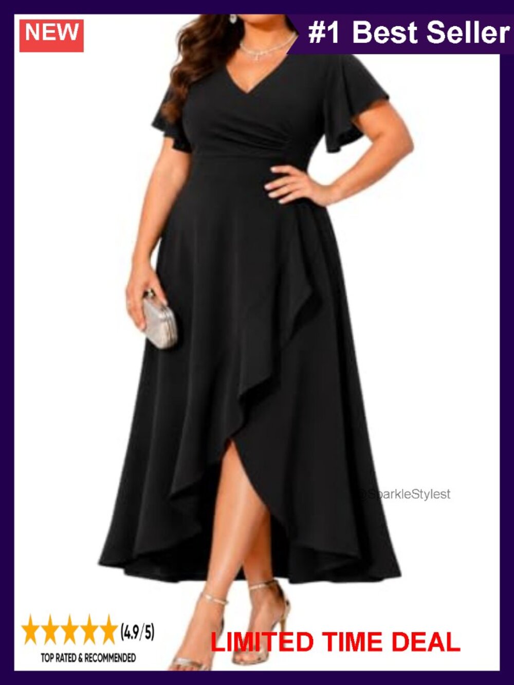 Plus Size Formal High Low Dress Ruffle V-Neck Wedding Guest Cocktail